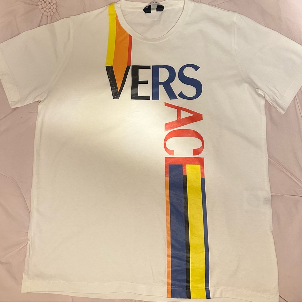 COPY - Versace White Tee with Bold Multicolor Stripes